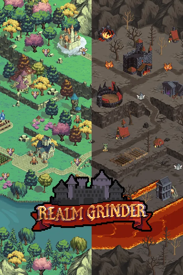 Realm Grinder cover art: the good realm on one side, the burning underworld on the other.